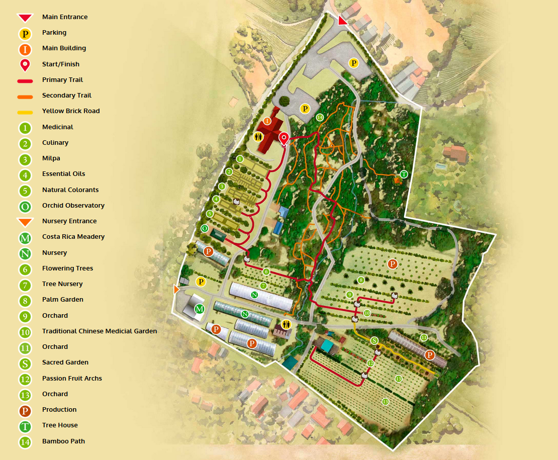 A map displaying numerous trails through a mixture of jungle, gardens and greenhouses. 